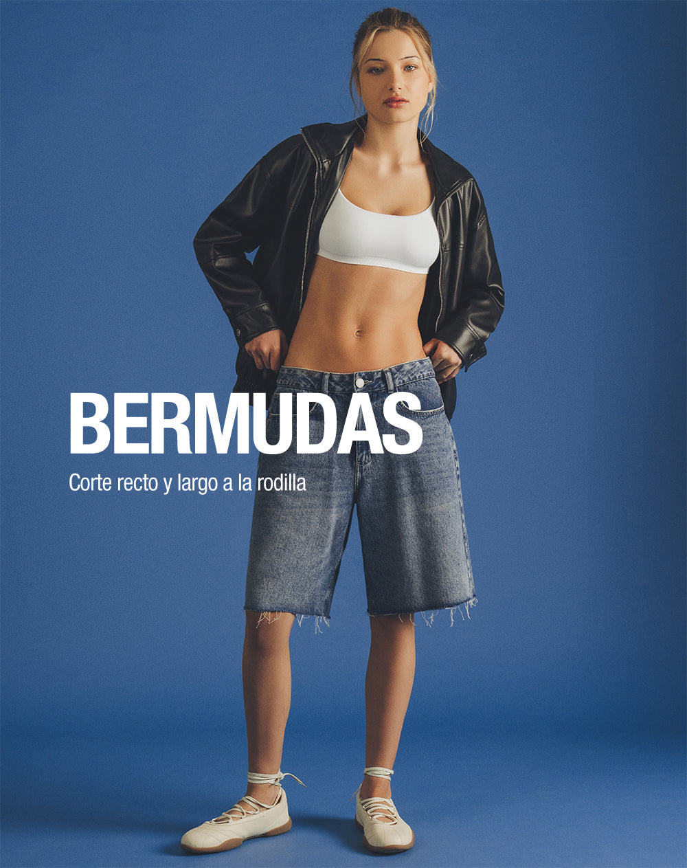 Bermuda regular tiro medio denim índigo medio mujer