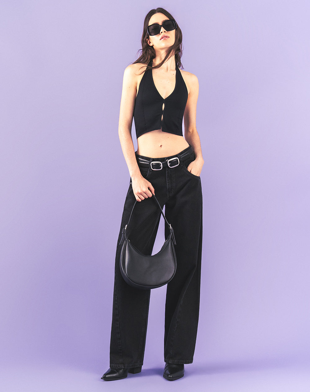 Jean baggy tiro medio negro mujer