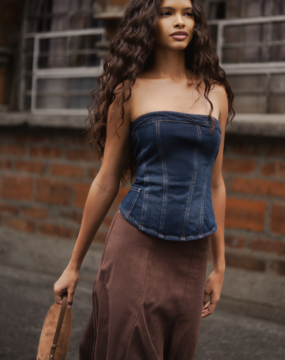 Top strapless denim índigo oscuro mujer