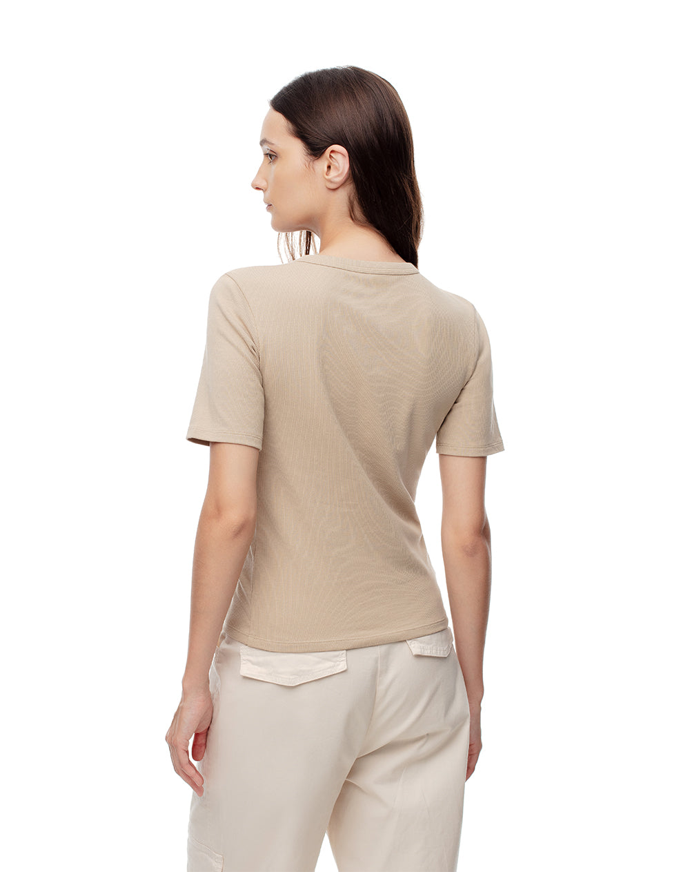 Camiseta slim tejido de punto algodón caqui mujer