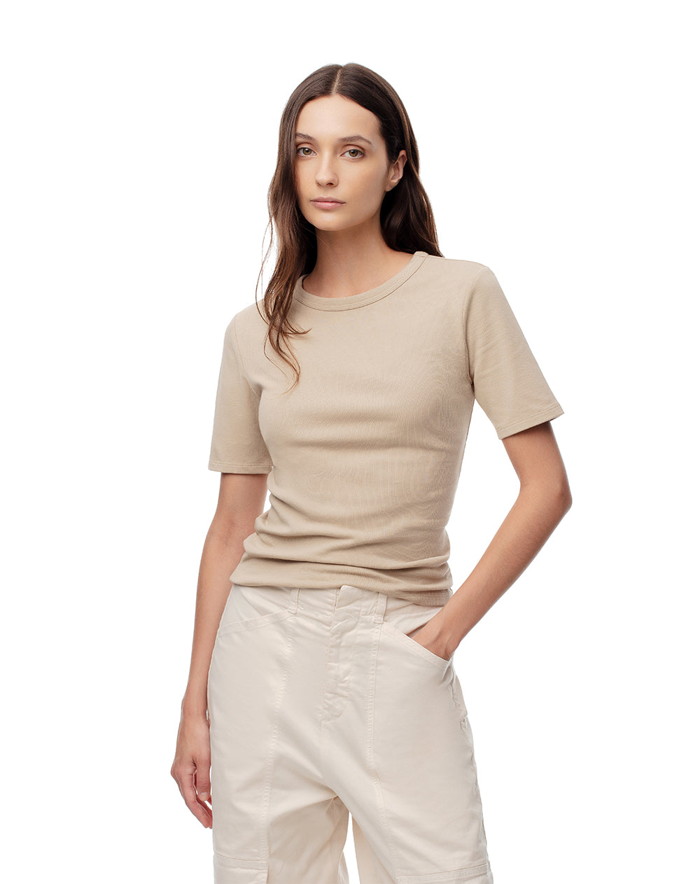 Camiseta slim tejido de punto algodón caqui mujer