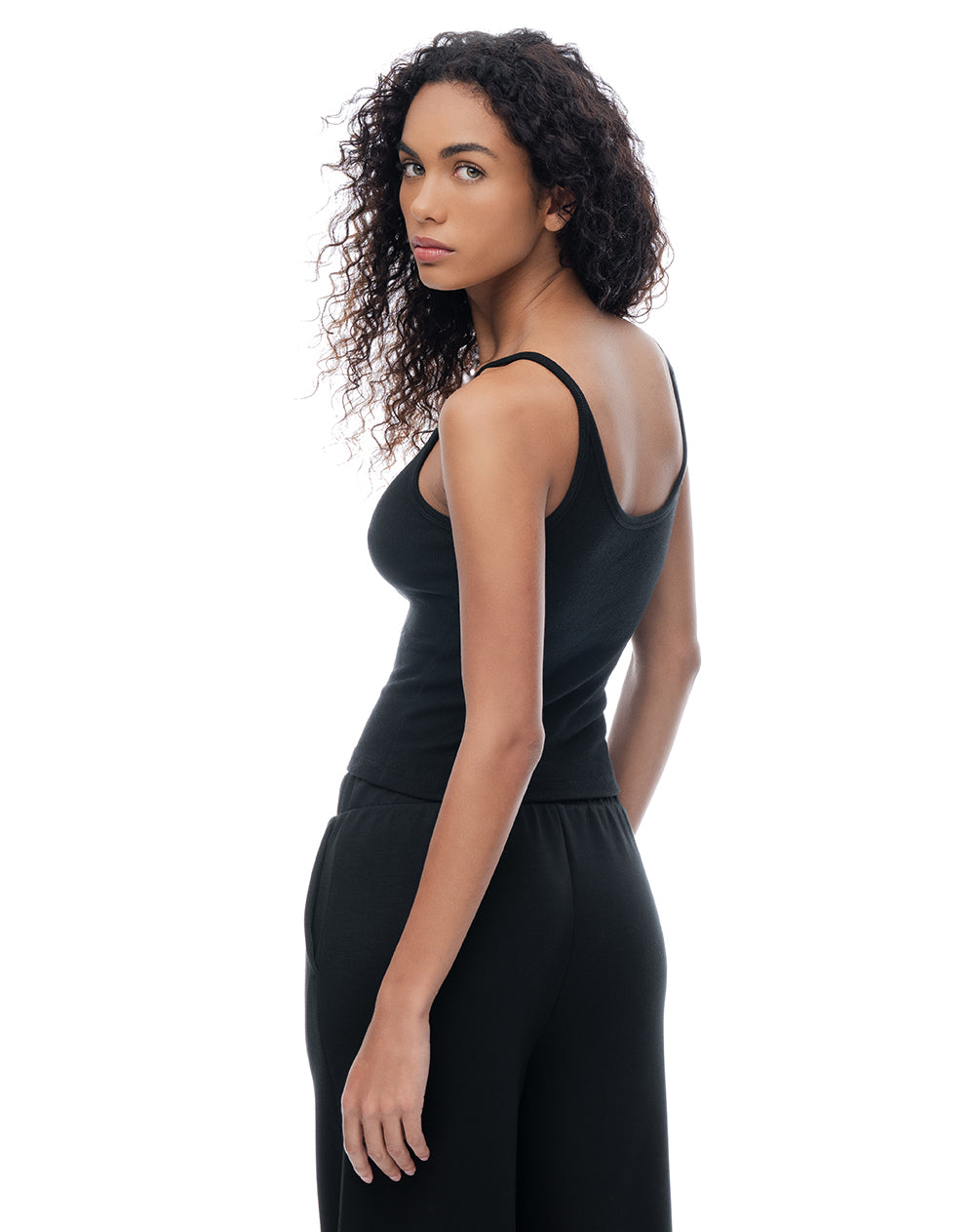 Camiseta manga sisa slim rib algodón negra mujer