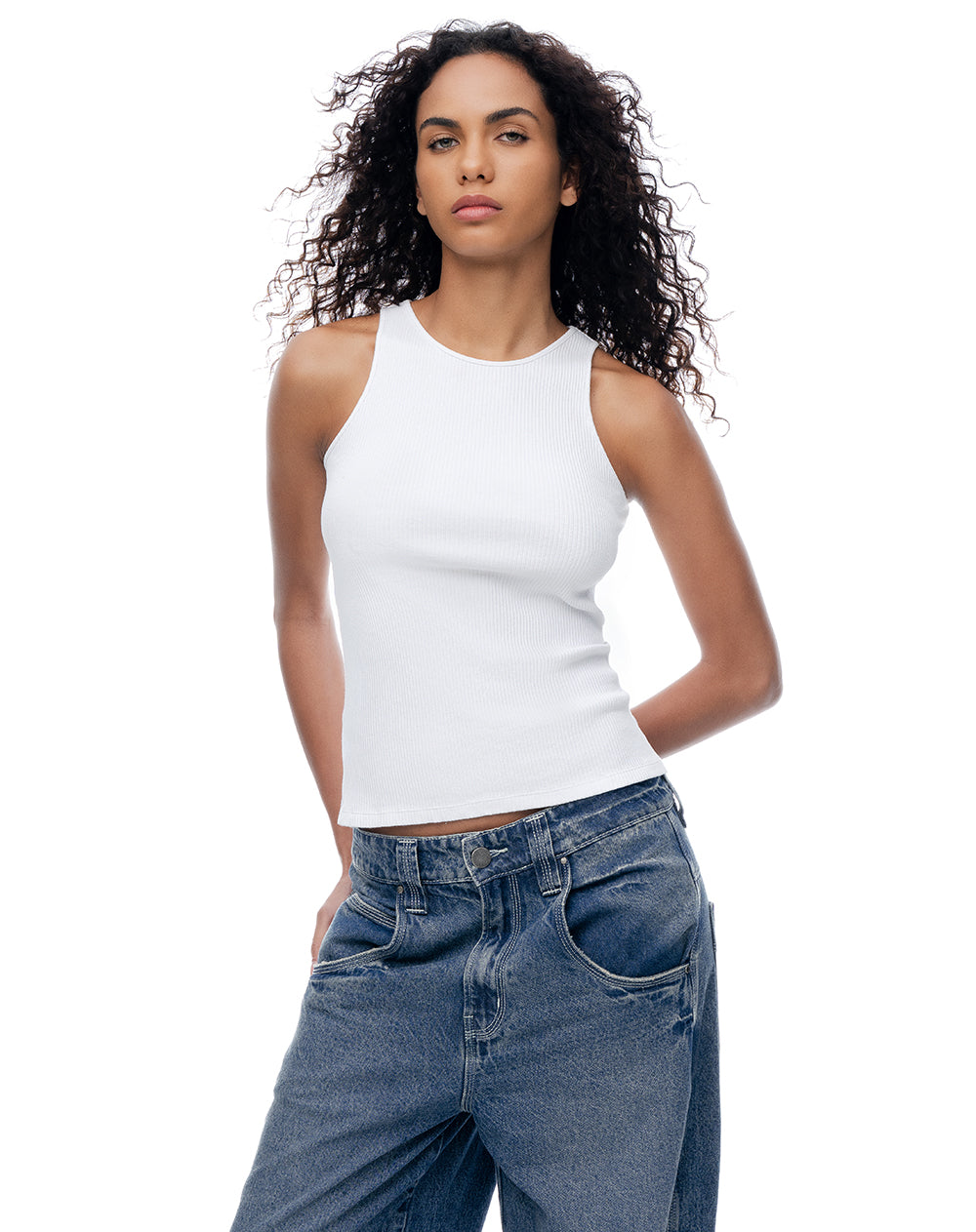 Camiseta esqueleto slim rib algodón blanca mujer