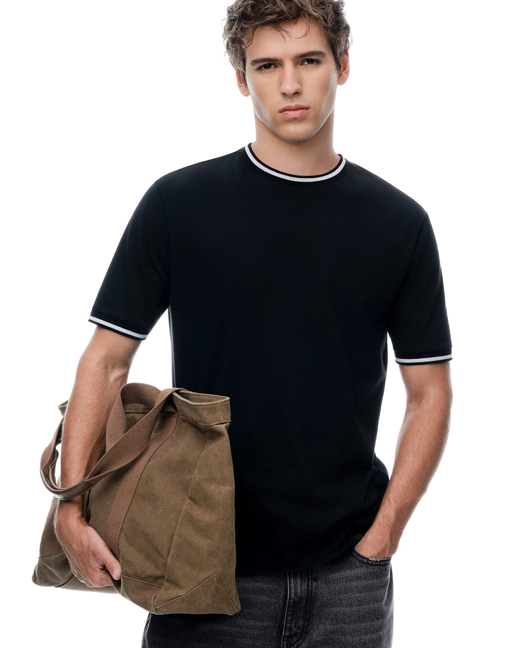 Camiseta regular algodón jersey negra hombre