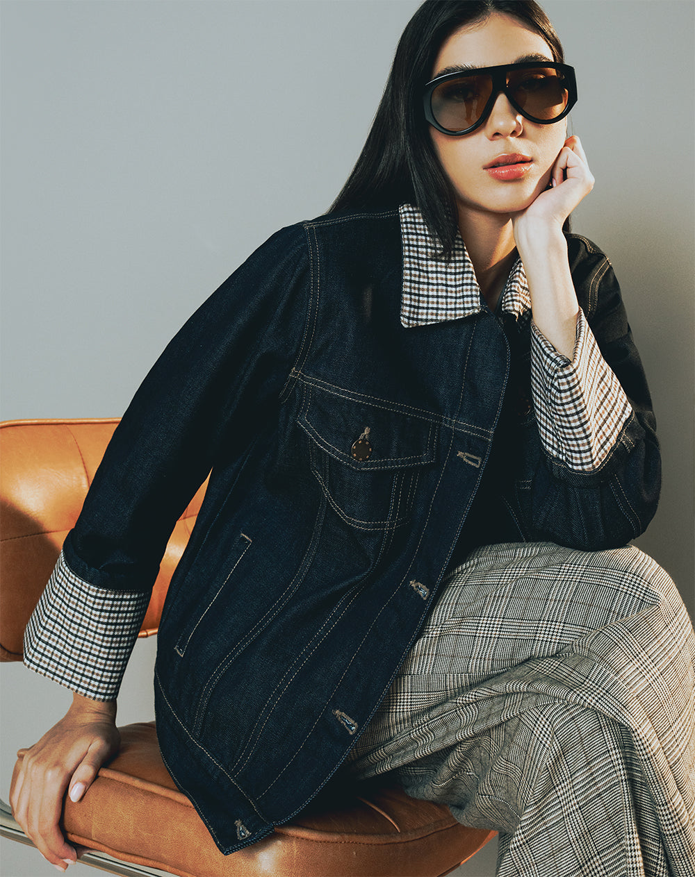 Chaqueta regular denim contraste cuadros índigo oscuro mujer