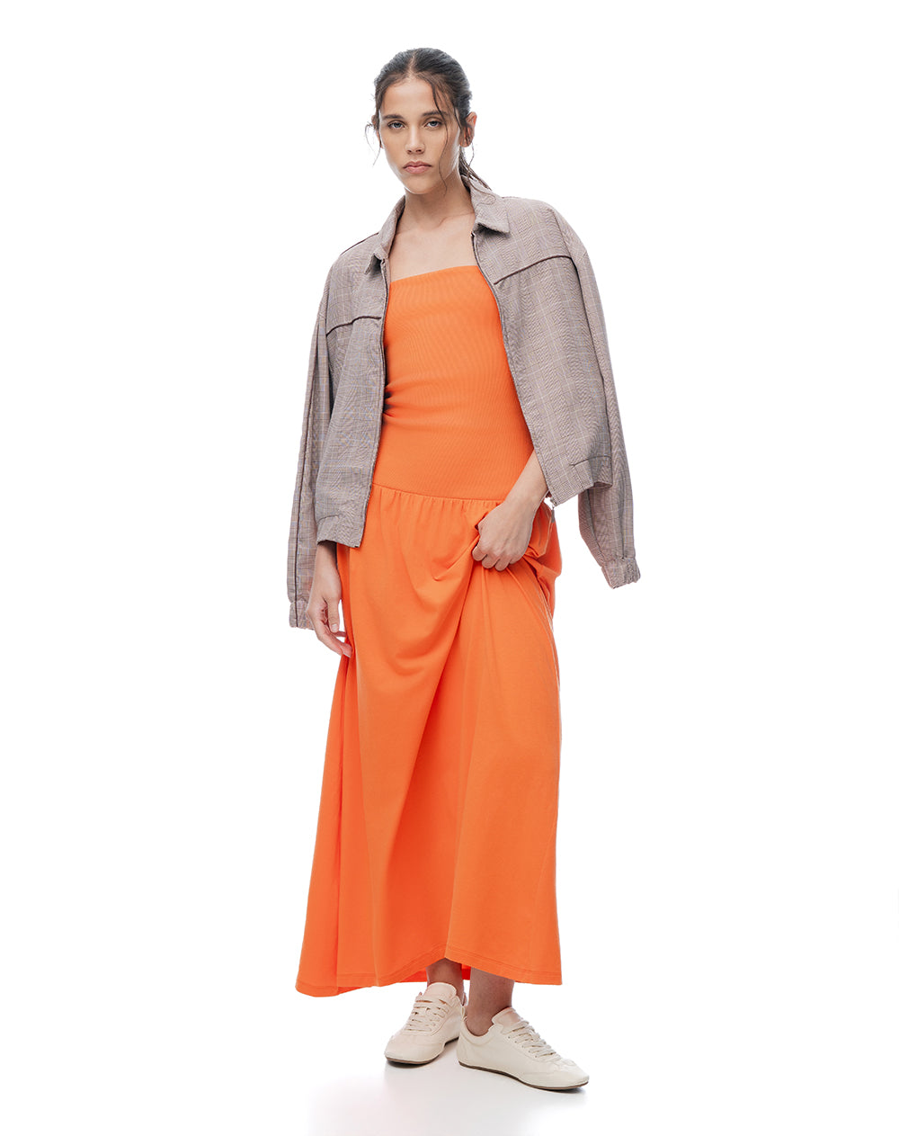 Vestido largo strapless silueta A naranja mujer