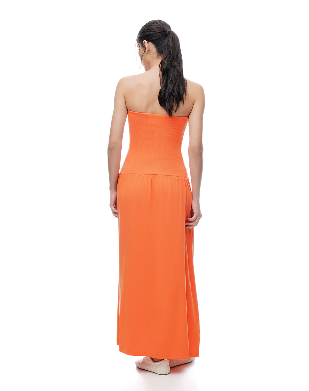 Vestido largo strapless silueta A naranja mujer