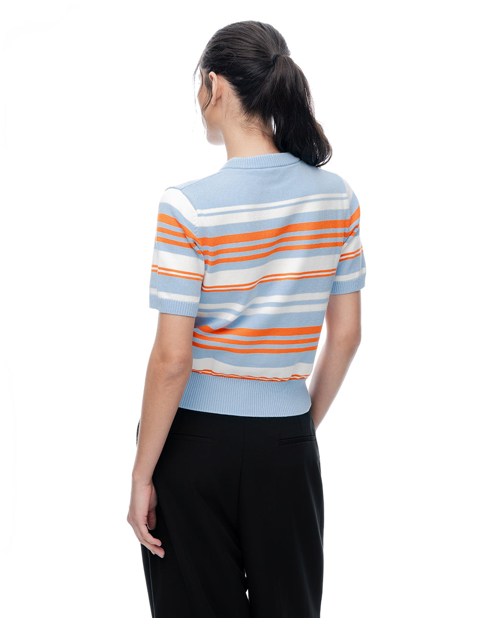 Polo slim en tejido de punto azul con rayas mujer