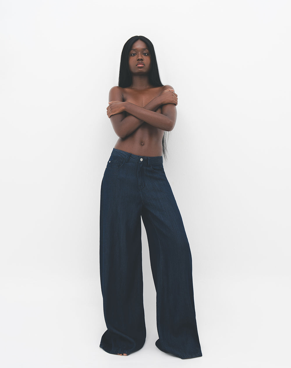 Jean palazzo tiro alto 5 bolsillos indigo oscuro para mujer