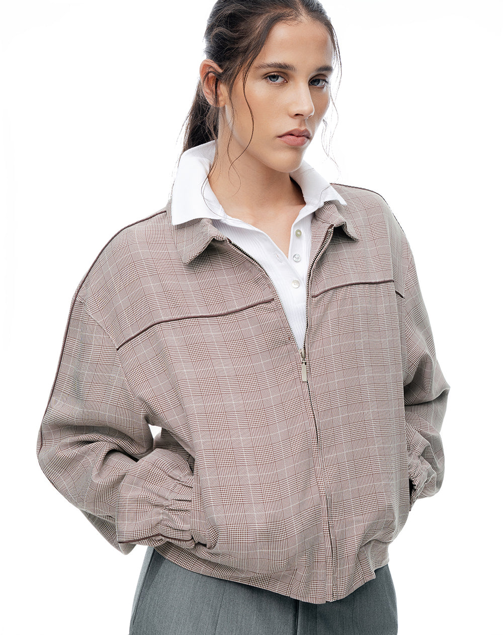 Chaqueta regular café cuadros mujer