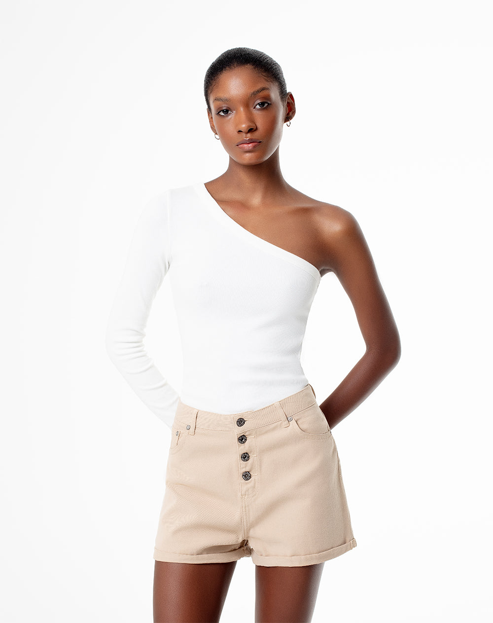 Short tiro alto denim caqui mujer