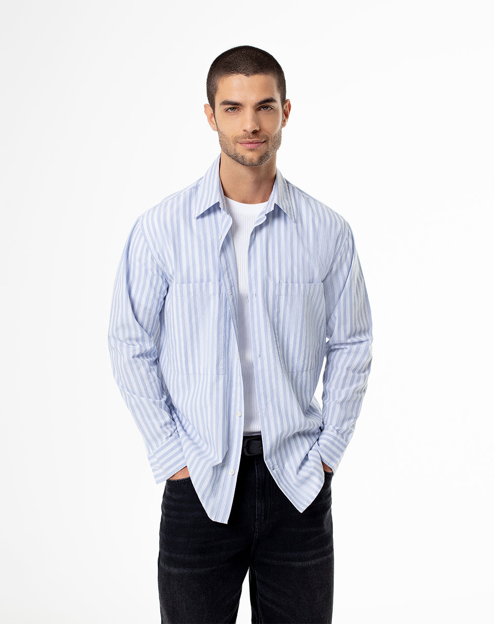 Camisa manga larga regular algodón rayas hombre