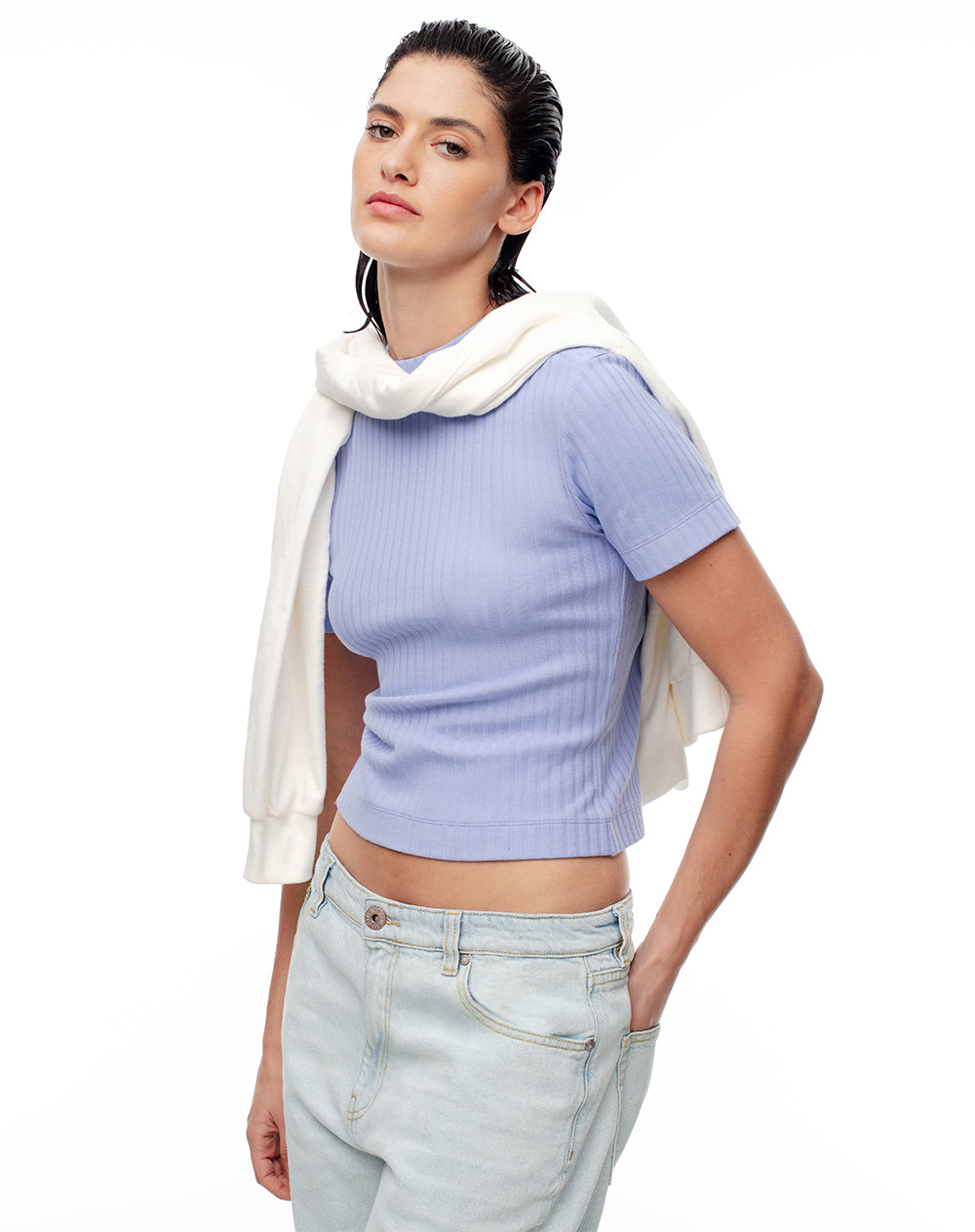 Camiseta crop slim algodón lila mujer