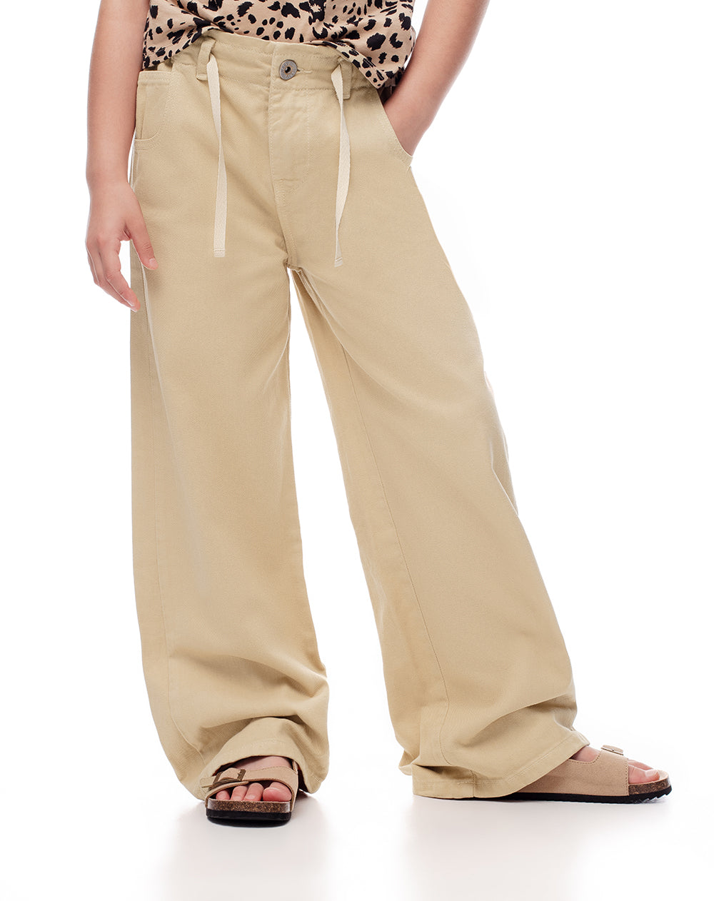 Pantalón wide leg tiro medio drill 100% algodón habano niña