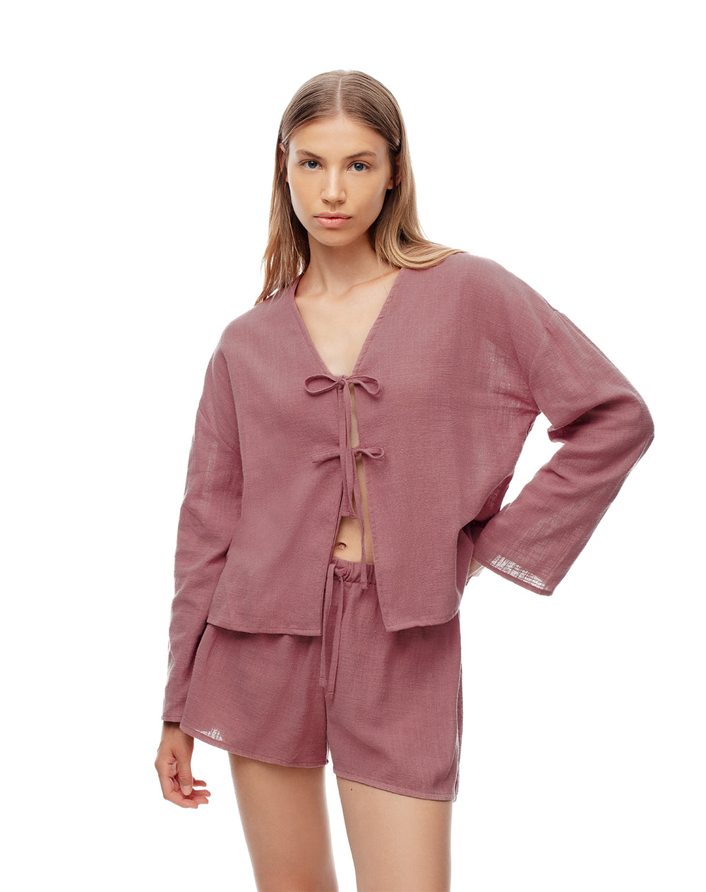 Camisa oversize anudada malva mujer