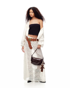 Falda larga tiro medio encaje crudo mujer