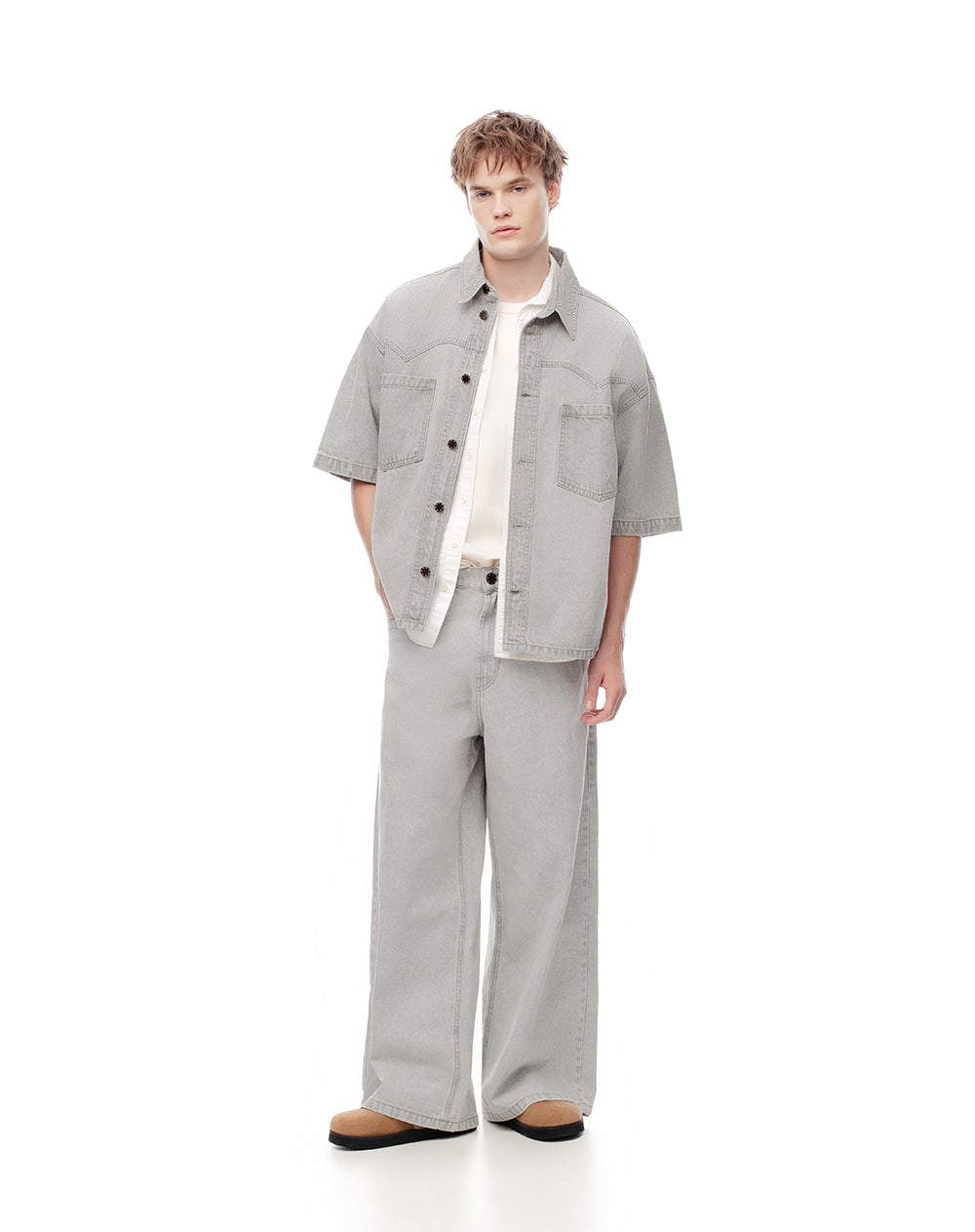 Camisa manga corta denim regular gris hombre