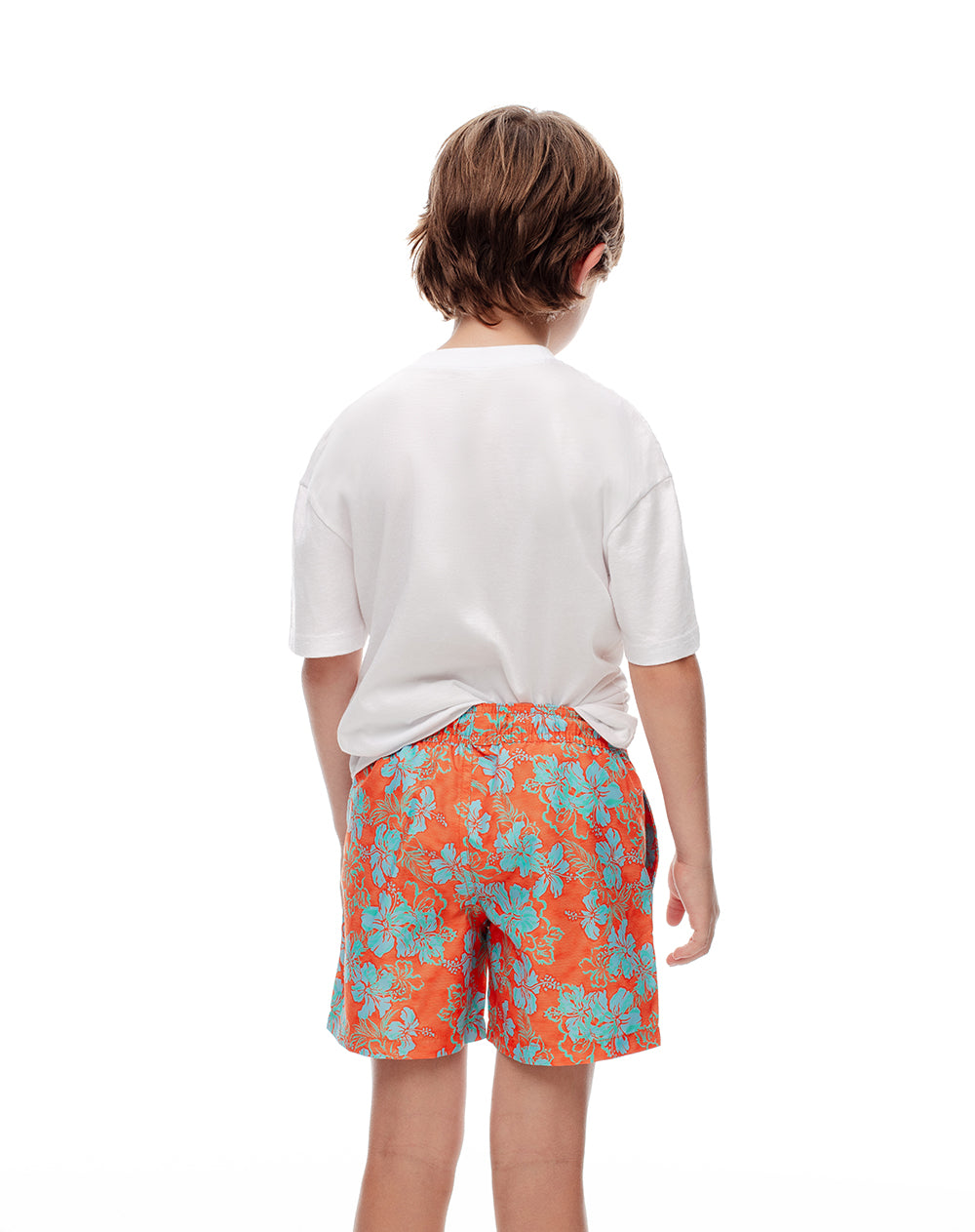 Pantaloneta de baño naranja estampada niño