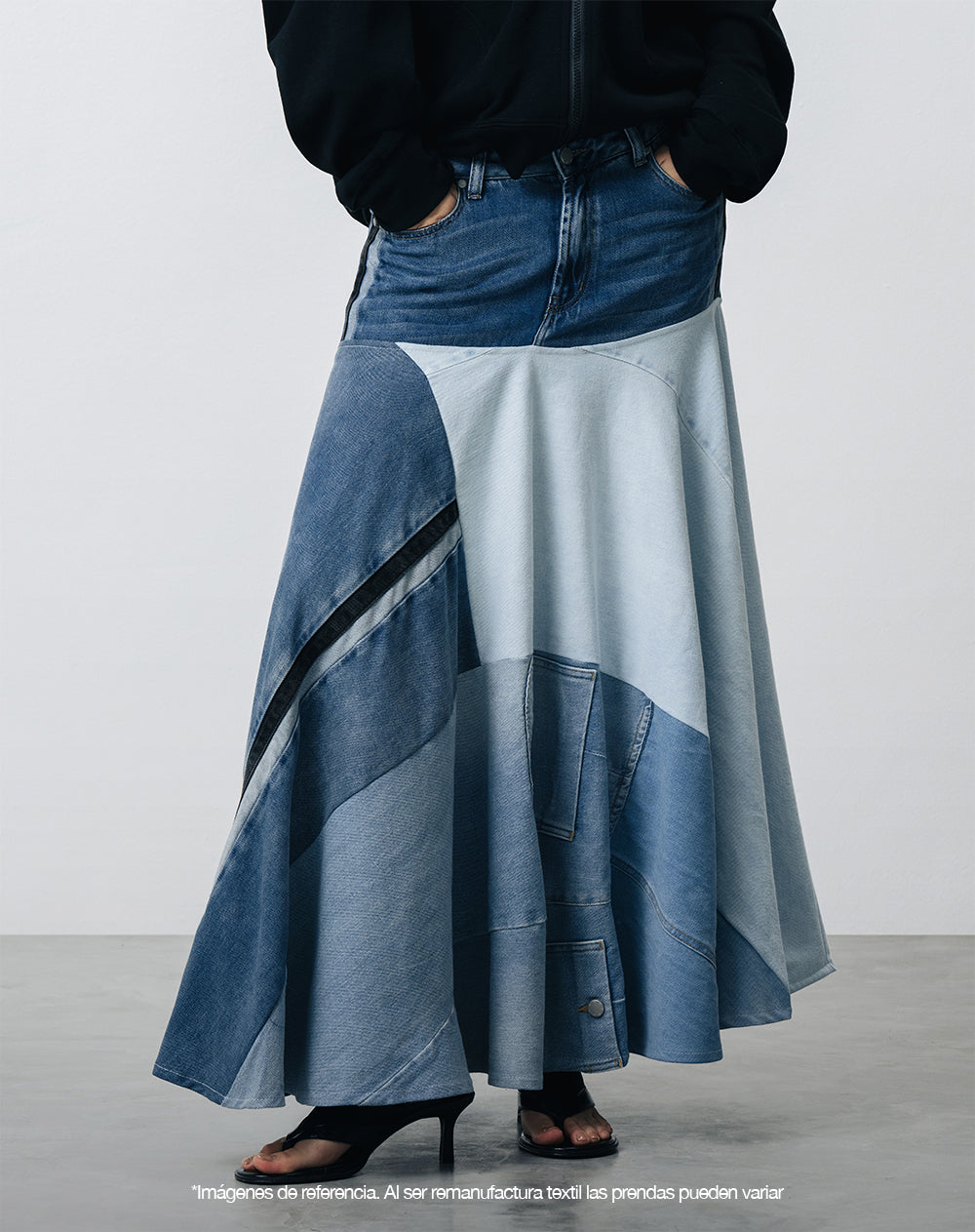 Falda denim amplia remanufacturada Gef x Alejandro Crocker