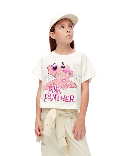 Camiseta regular algodón Pink Panther blanca niña