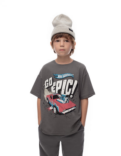 Camiseta regular algodón Hot Wheels gris niño