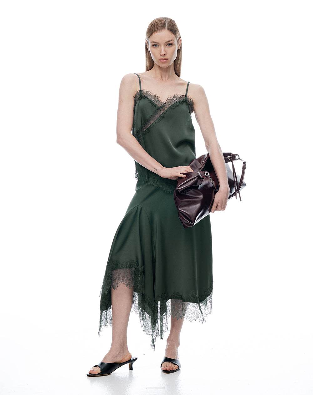 Falda larga tiro medio verde mujer