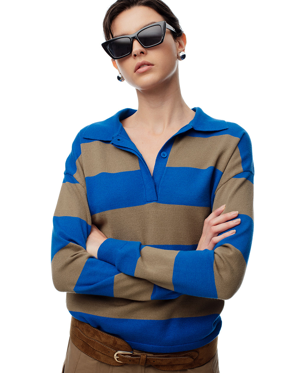 Suéter tipo polo tejido de punto rayas mujer