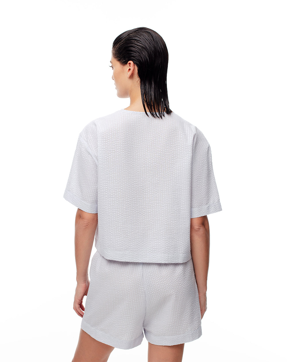 Camisa manga corta regular anudada azul mujer