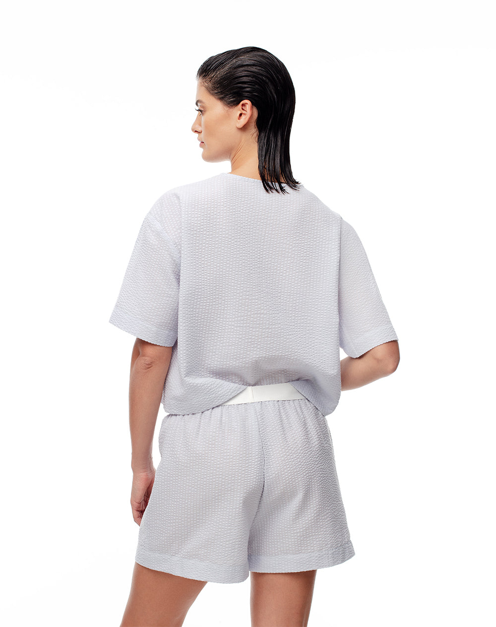 Short tiro alto texturizado azul mujer