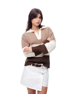 Suéter tipo polo tejido de punto café mujer