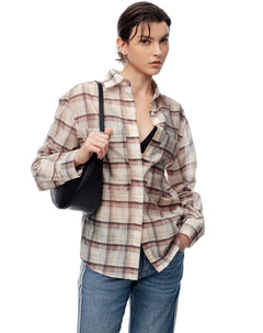 Camisa regular fit manga larga cafe bloques