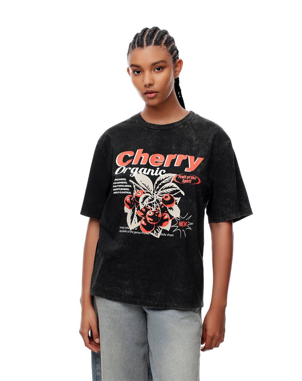 Camiseta regular algodón negra estampada mujer