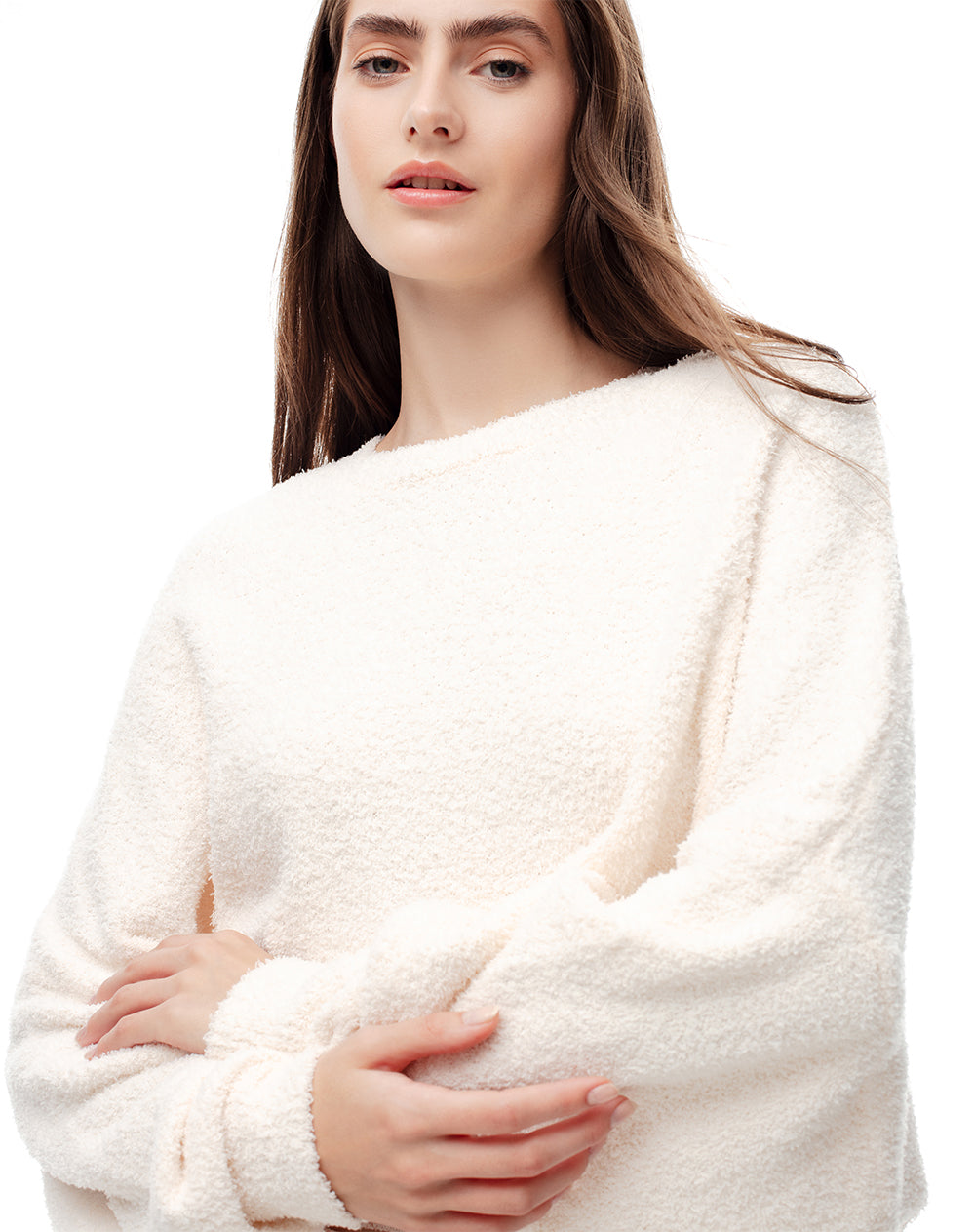 Suéter crop textura bouclé crudo mujer