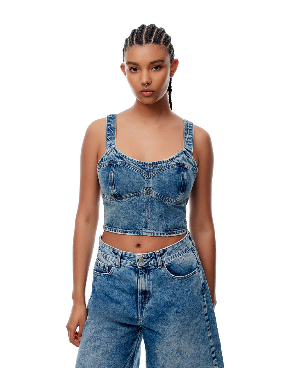 Crop top denim índigo medio mujer