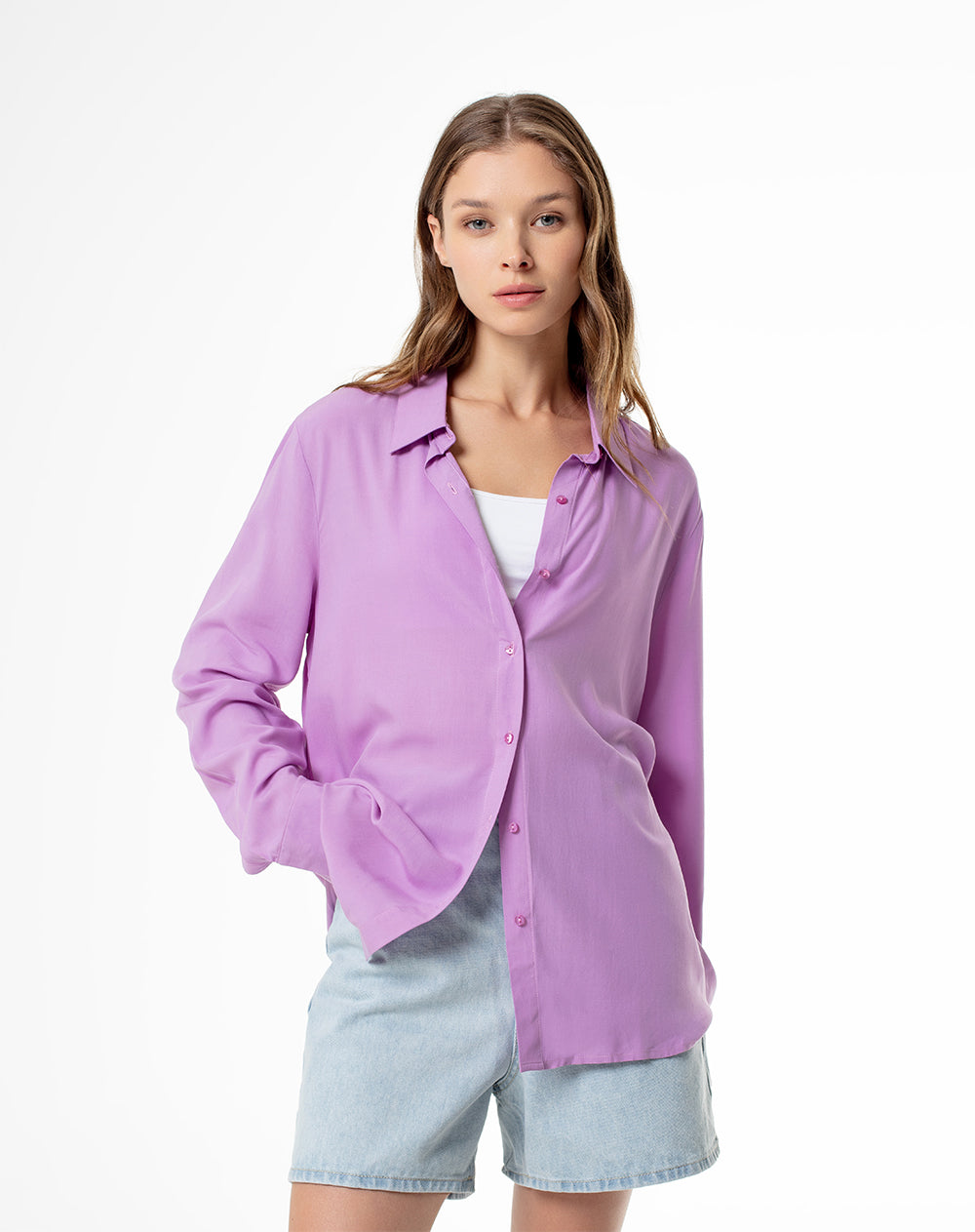 Camisa manga larga holgada lila mujer