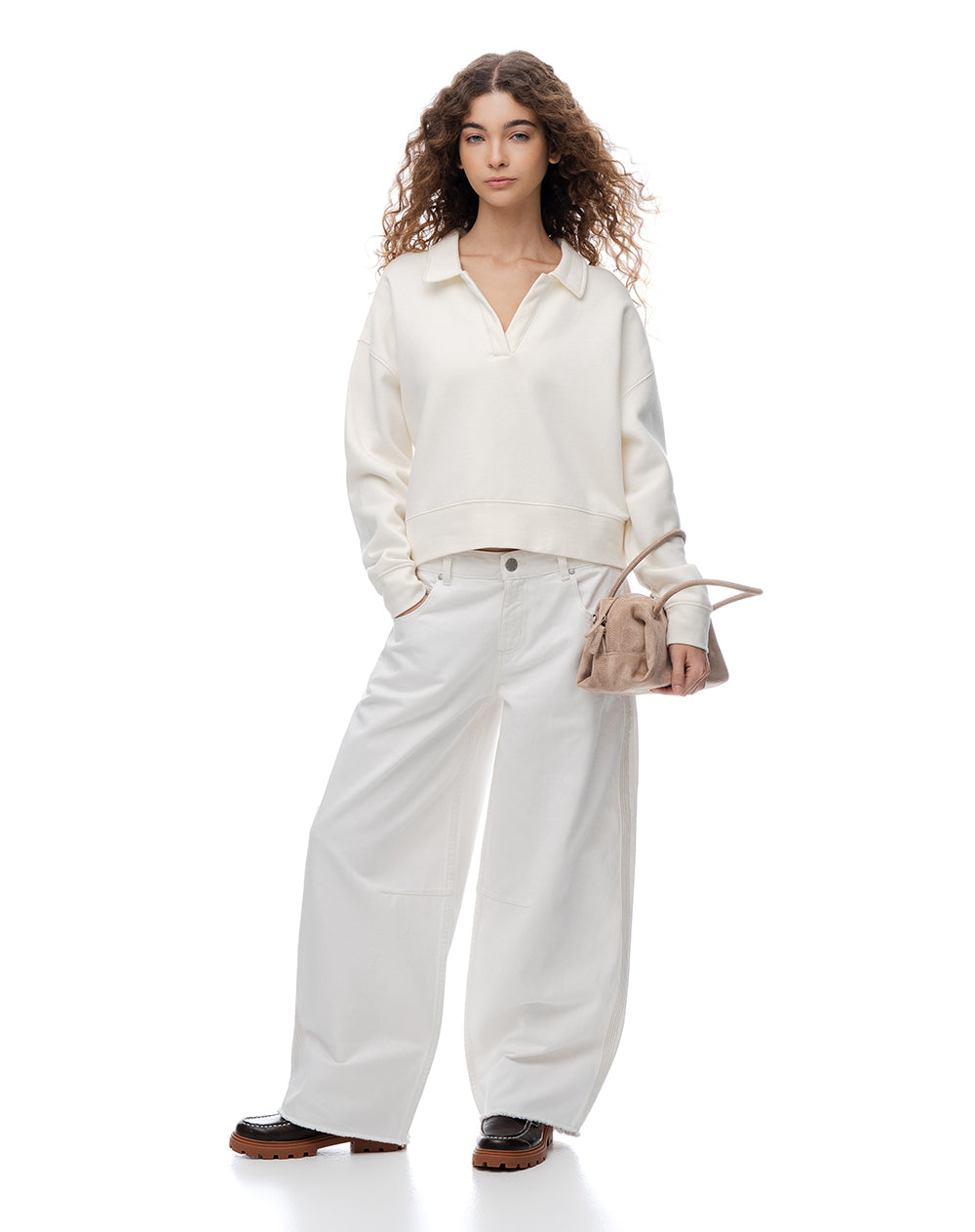 Pantalón loose fit tiro medio en drill habano mujer