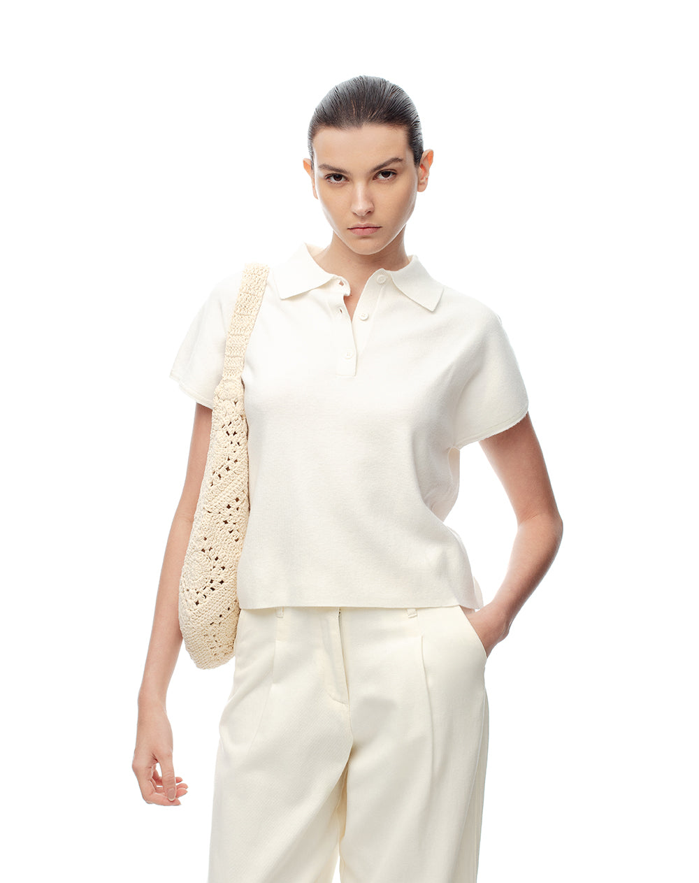 Polo regular tejido de punto blanca mujer