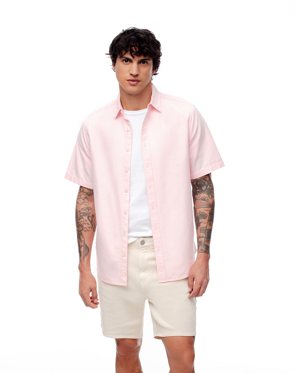 Camisa manga corta regular algodón rosa hombre