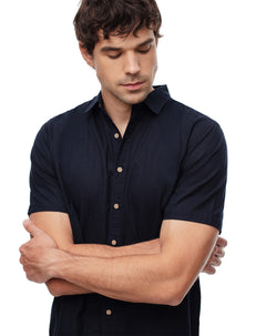Camisa manga corta regular lino azul hombre