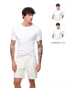 Camiseta slim algodón x2unds blanca hombre