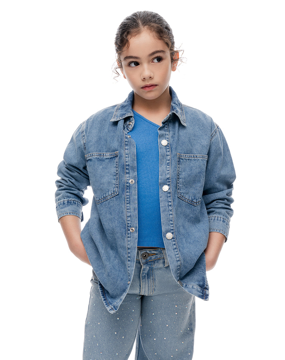 Camisa oversized manga larga índigo medio niña