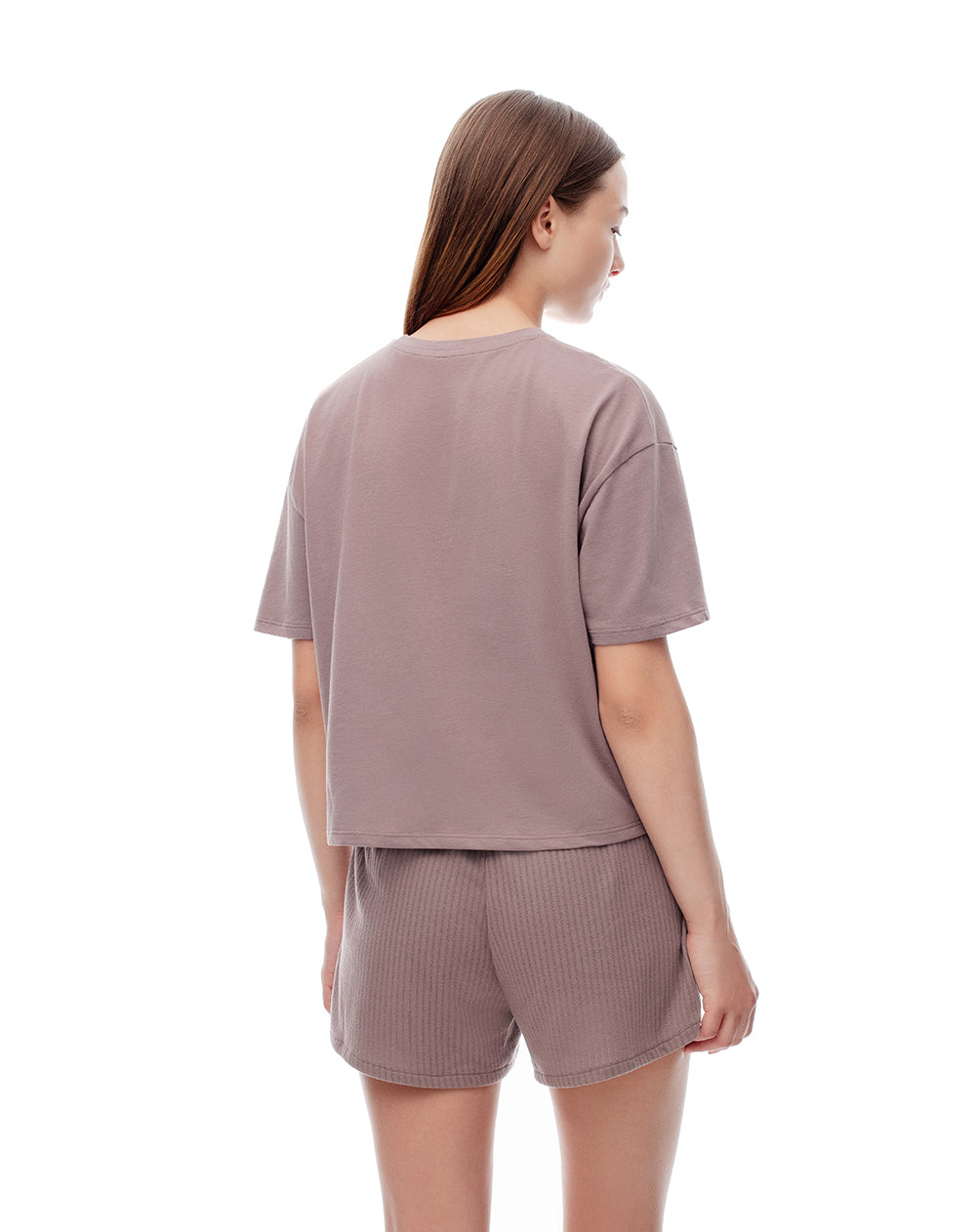Camiseta + short de pijama mujer algodón café