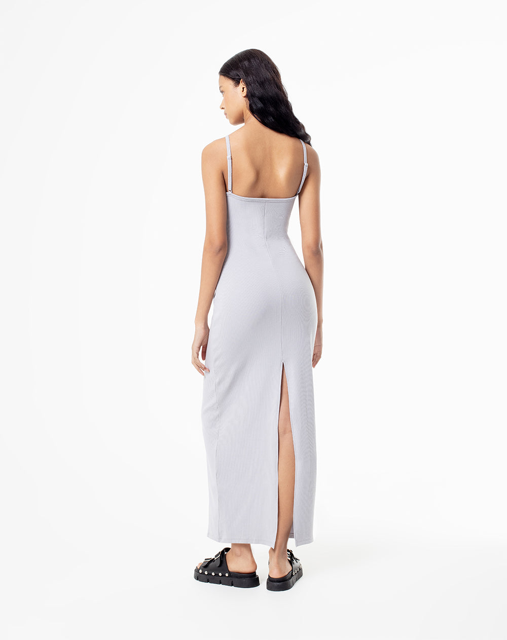 Vestido largo slim rib algodón gris mujer