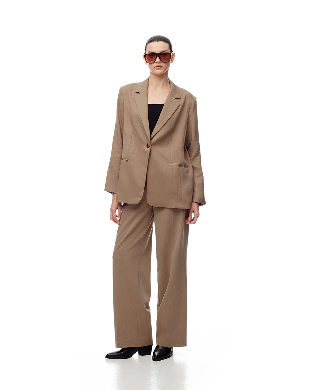 Pantalón wide leg tiro alto café mujer