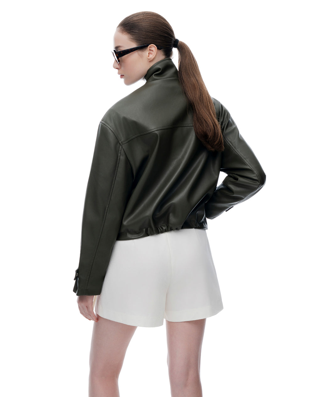 Chaqueta regular tipo cuero verde mujer