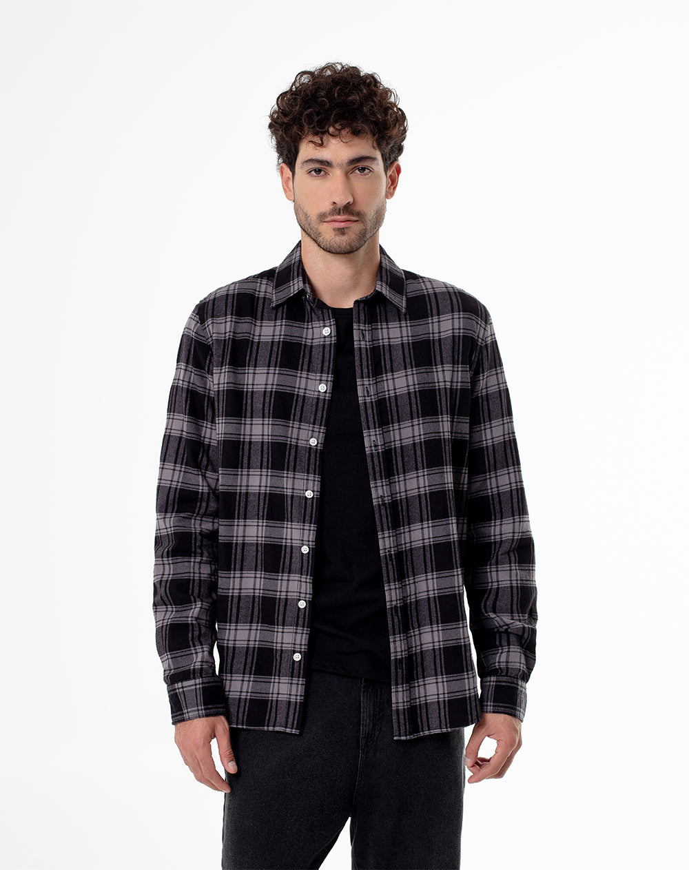 Camisa Manga Larga Gris con Cuadros para Hombre Estilo Casual