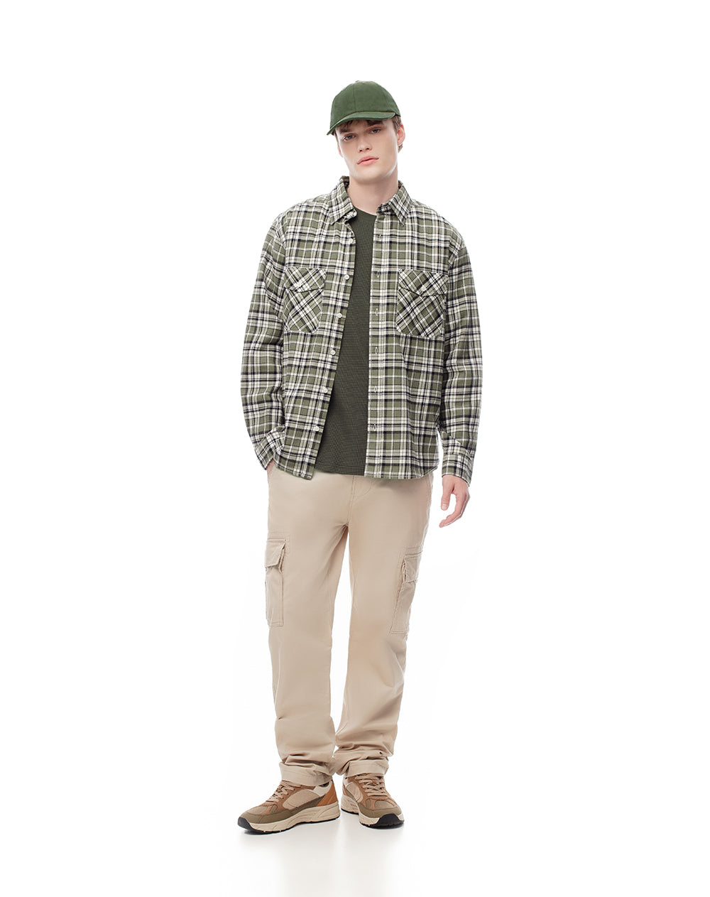 Camisa regular fit manga larga verde con cuadros