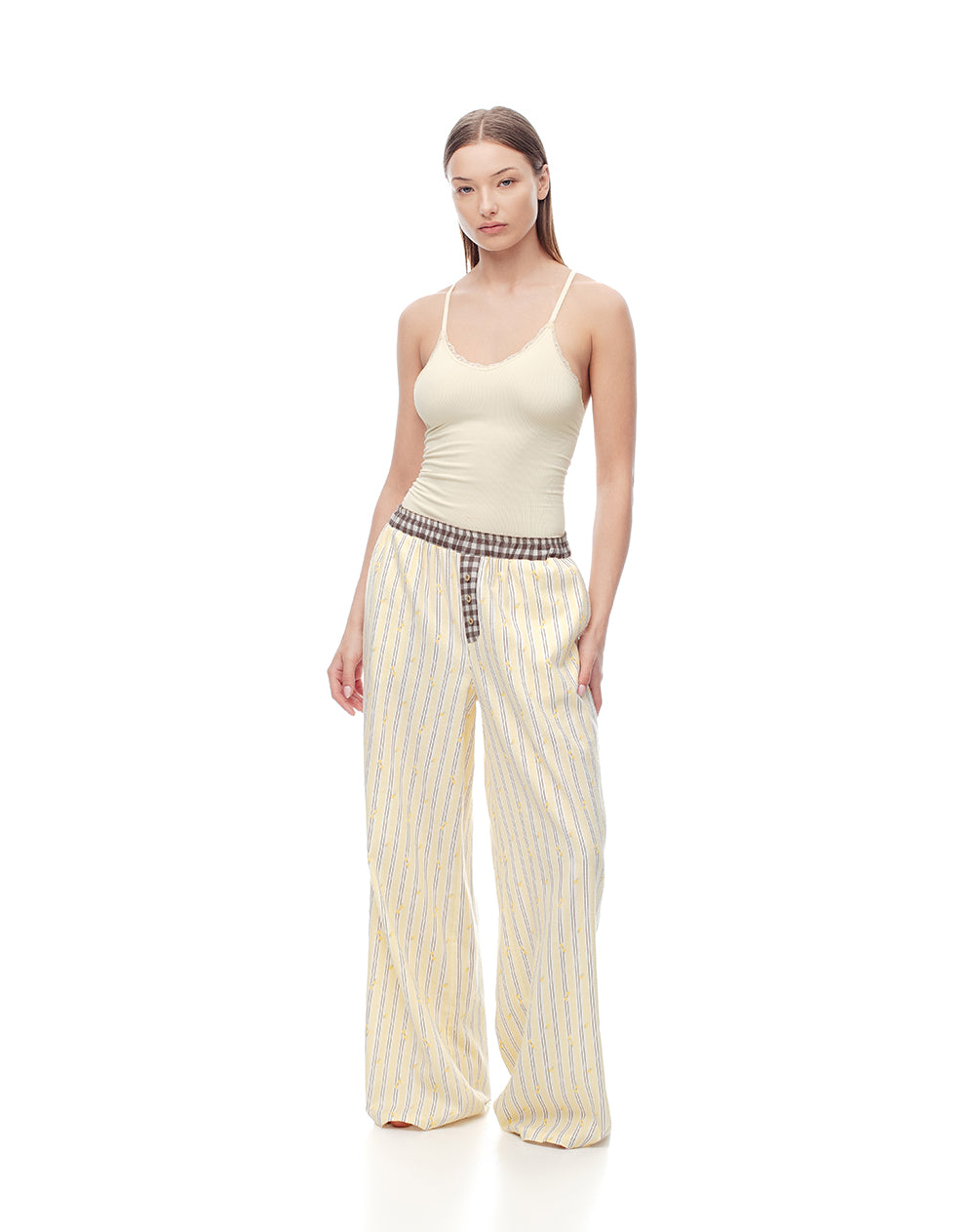 Pantalón relax tiro medio algodón rayas mujer