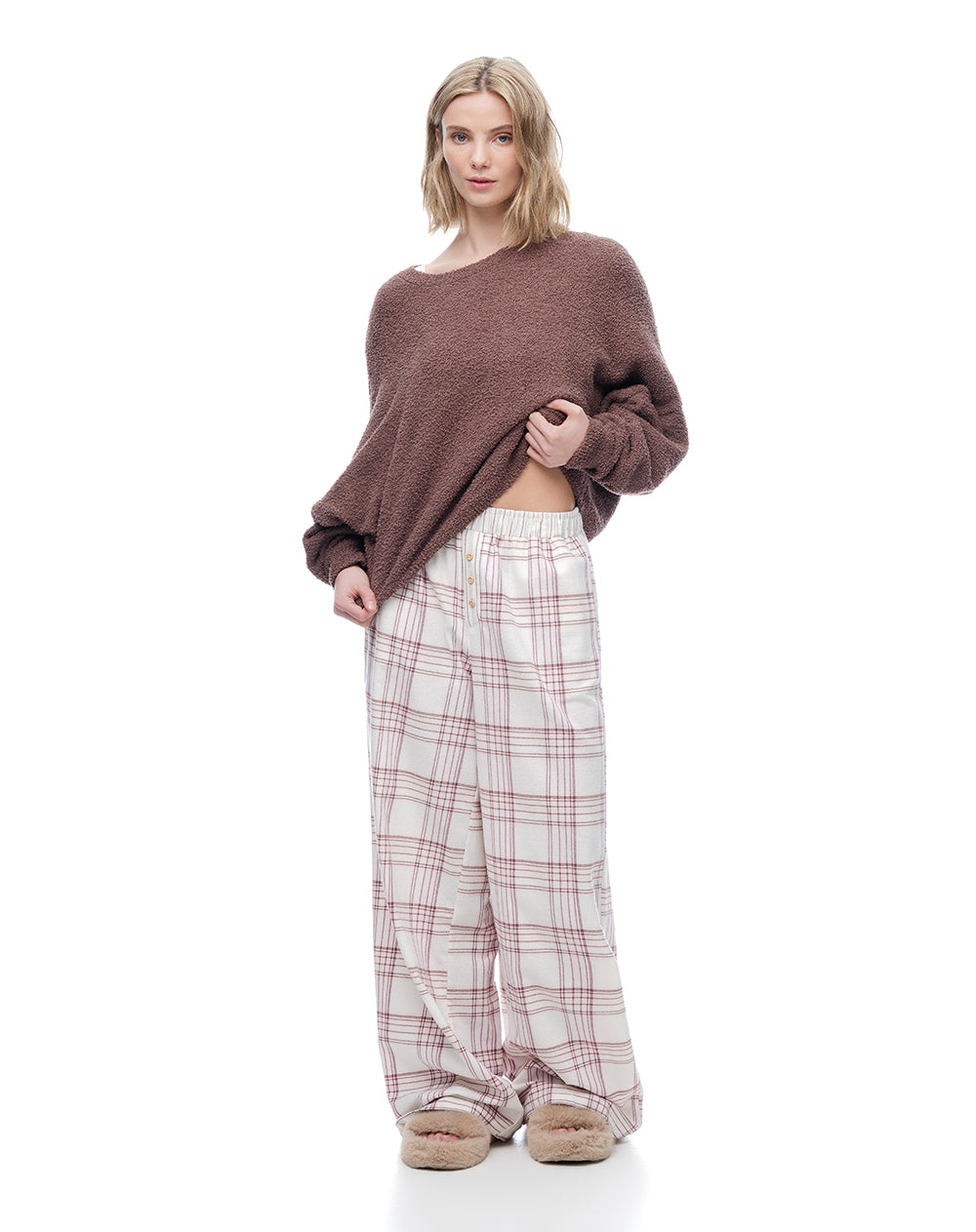 Pantalón relax tiro medio algodón cuadros mujer