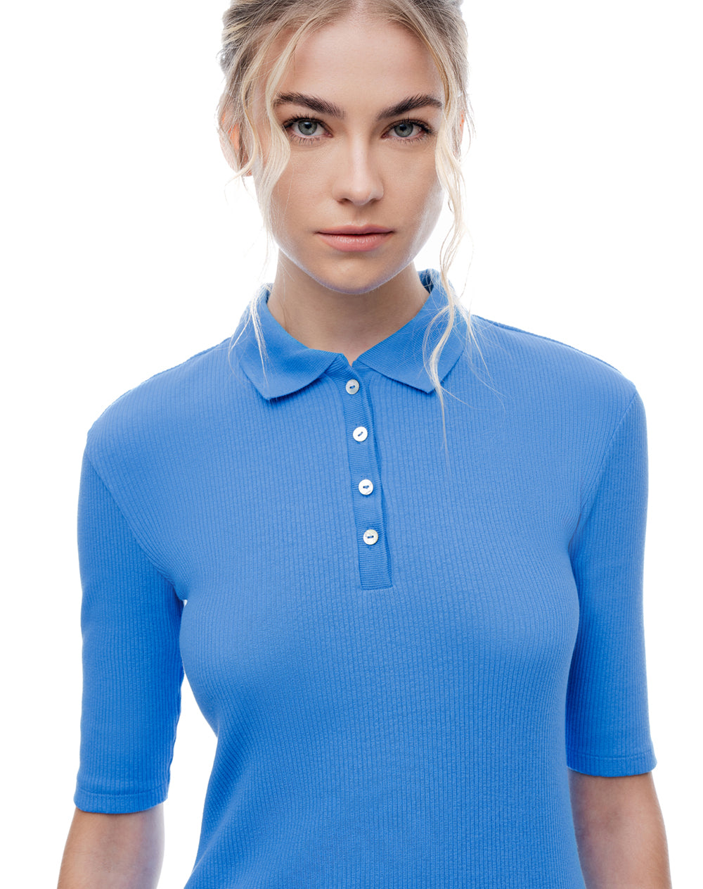 Polo slim tejido de punto algodón azul mujer